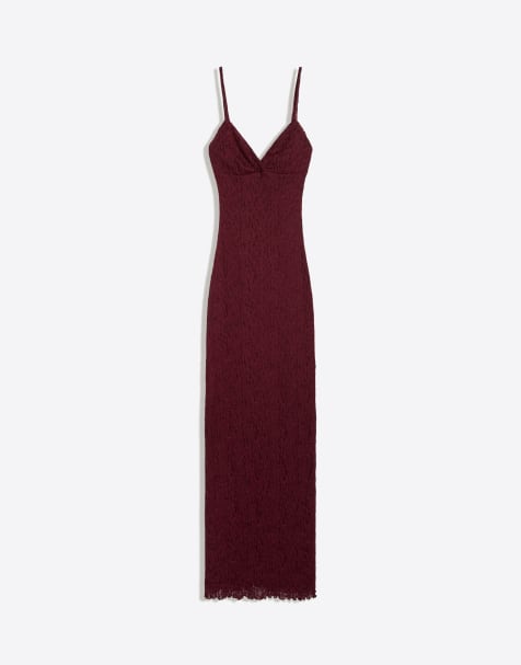 Bershka - Robe mi-longue en dentelle à bretelles - Bordeaux - view 1
