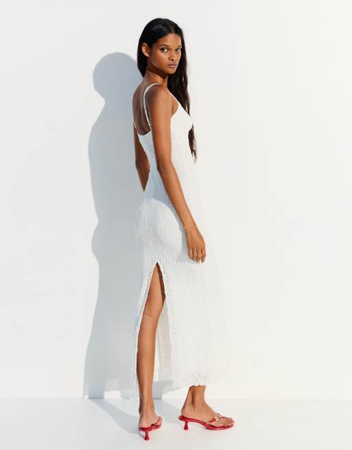 Bershka - Robe mi-longue en dentelle à bretelles fines - Blanc, 3 de 6