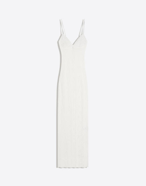 Bershka - Robe mi-longue en dentelle à bretelles fines - Blanc, 5 de 6