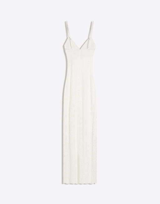 Bershka - Robe mi-longue en dentelle à bretelles fines - Blanc, 6 de 6