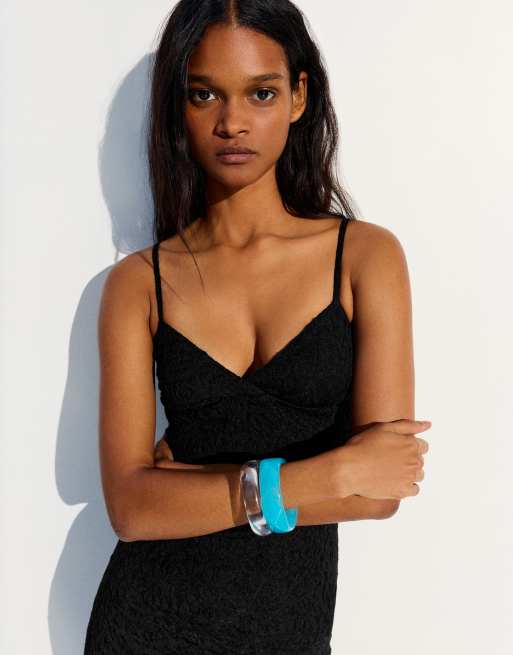Bershka - Robe mi-longue en dentelle à bretelles fines - Noir, 4 de 6