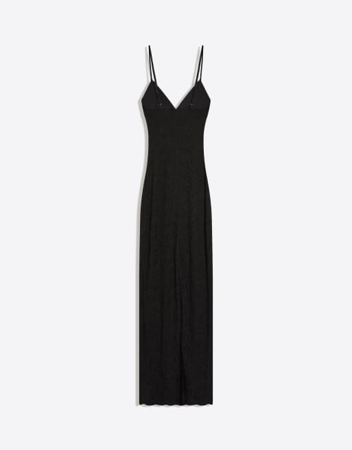 Bershka - Robe mi-longue en dentelle à bretelles fines - Noir, 6 de 6