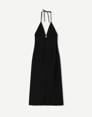 Bershka - Robe mi-longue en lin mélangé avec dos nu et liens - Noir - view 1