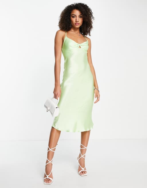 Bershka - Robe mi-longue en satin torsadée devant - Citron vert, 4 de 4