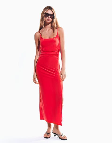 Bershka - Robe mi-longue froncée à bretelles - Corail - view 1