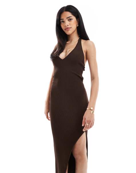 Bershka - Robe mi-longue moulante en maille à dos nu - Marron clair - view 1