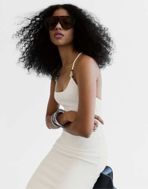 Bershka - Robe mi-longue style champêtre à bretelles - Écru, 3 de 4