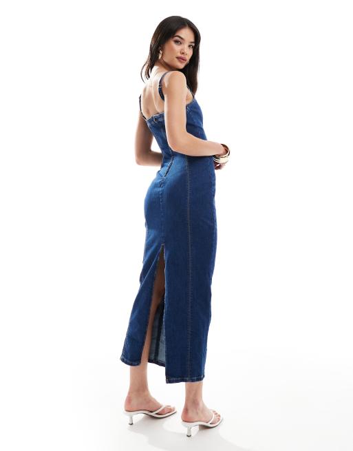 Bershka - Robe sculptante coupe longue près du corps en denim - Bleu, 2 de 4