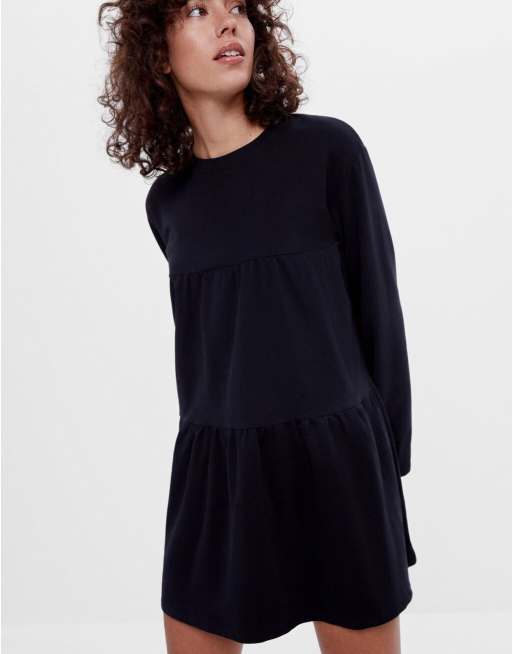 Bershka Robe t shirt babydoll a manches longues effet etage Noir