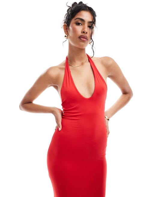 Bershka – Röd bodycon-klänning i maxilängd med halterneck, 3 av 4
