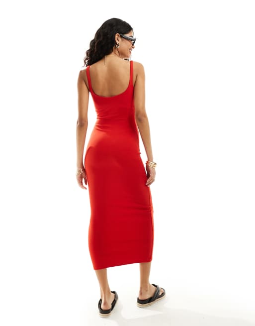 Bershka – Röd bodycon-klänning i midaxilängd med fyrkantig ringning, 2 av 4