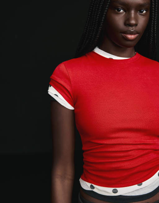 Bershka – Röd t-shirt med rund halsringning och korta ärmar, 2 av 6