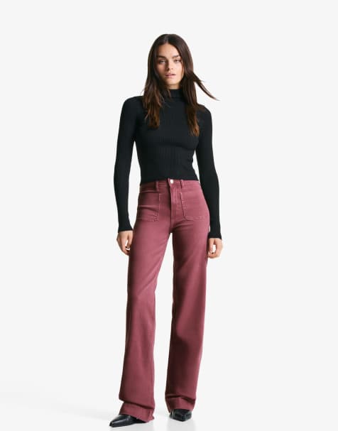 Bershka – Röda jeans i seamless-design med vida ben och fickor - view 1