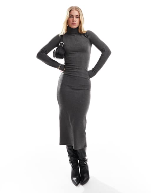 Bershka Women s Roll Neck Bodycon Maxi Dress Gray Maxi Dresses