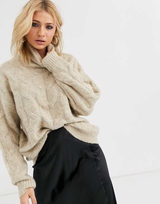 Bershka roll neck cable knitted jumper in beige | ASOS