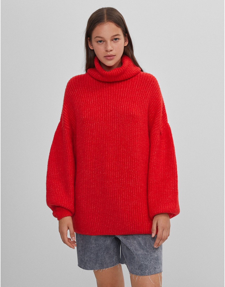 Bershka roll neck chunky sweater in bright red