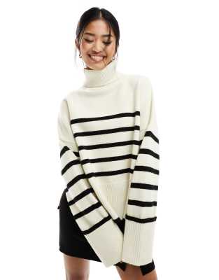 Bershka roll neck jumper in ecru & black stripe-Neutral