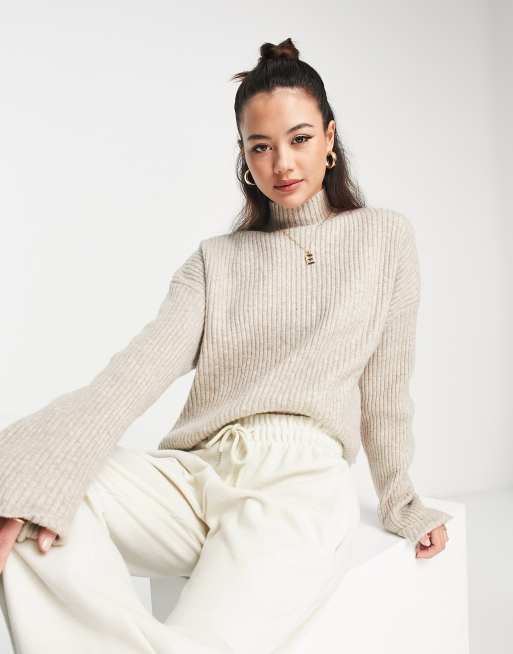 Bershka rollneck knitted jumper in sand