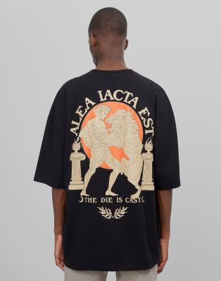 Bershka Roman Back Print Oversized T Shirt In Black Modesens