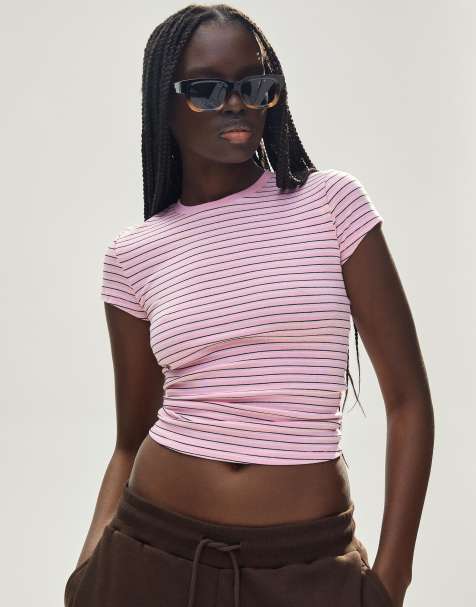 Bershka – Rosa och svart t-shirt med rund halsringning och korta ärmar - view 1