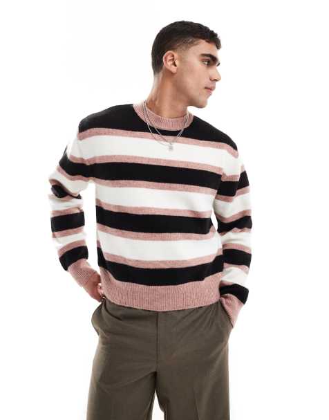 Bershka – Rosa, stickad tröja med olikfärgade ränder - view 1