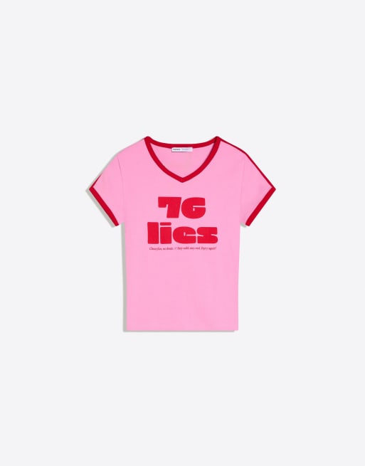 Bershka – Rosa t-shirt med korta ärmar och kontrasterande tryck, 2 av 4