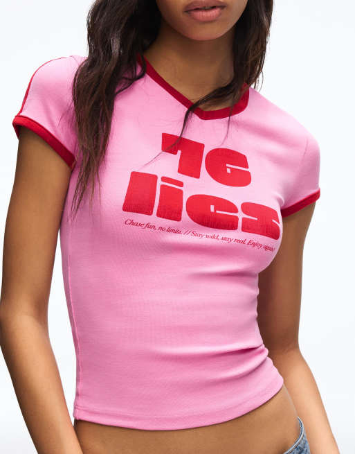 Bershka – Rosa t-shirt med korta ärmar och kontrasterande tryck, 4 av 4