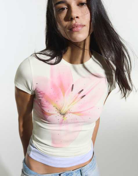 Bershka – Rosa t-shirt med korta ärmar och tryck - view 1