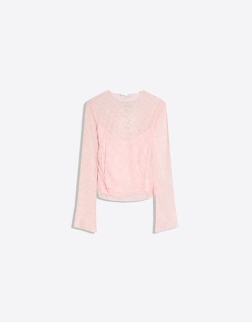 Bershka – Rosa t-shirt med långa ärmar i spets, 4 av 4
