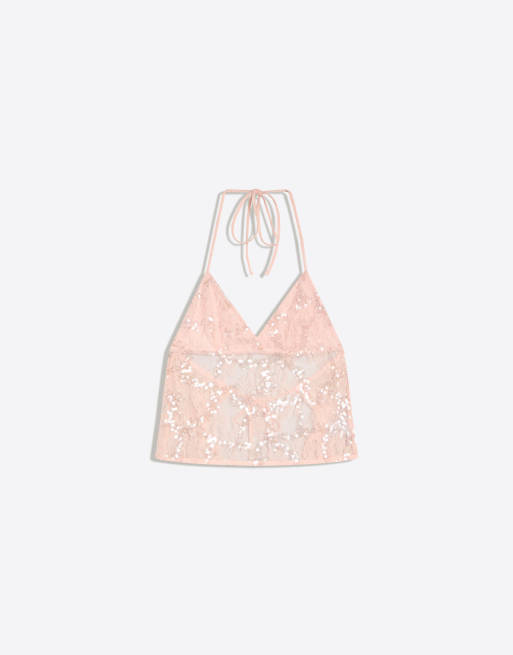 Bershka – Rosa topp med halterneck, spets och paljetter, 4 av 4