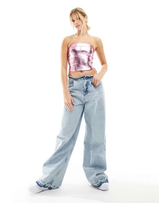 Bershka – Rosametallisk korsett i läderimitation, 3 av 4