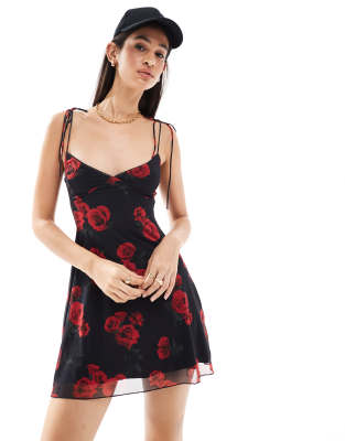 Bershka rose print strappy mini dress in black