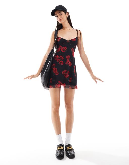 Bershka rose print strappy mini dress in black | ASOS
