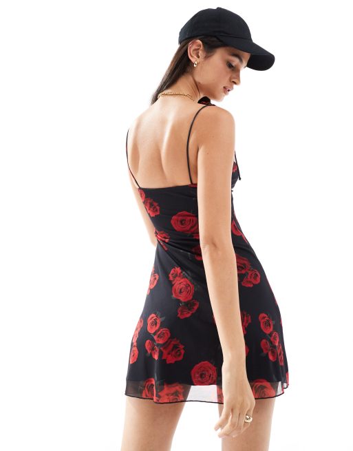 ★Since Then★ Petite Rose Strap Mini Dress Black Bershka rose print strappy mini dress in black | ASOS