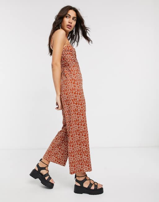 Bershka – Rostfärgad, djurmönstrad jumpsuit med rynkning fram