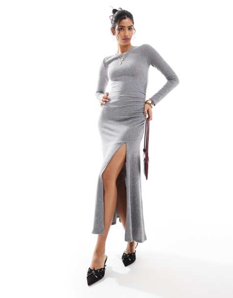 Bershka rouched side maxi dress in grey marl - view 1
