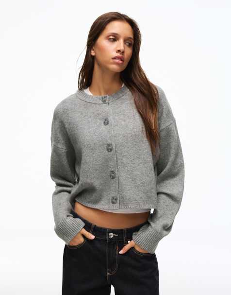 Bershka Round neck button-up knit cardigan in grey - view 1