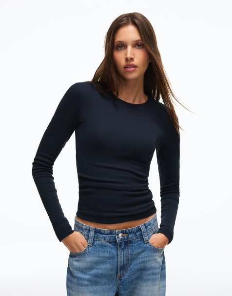 Bershka Round neck long-sleeve t-shirt in navy - view 1