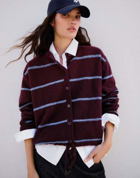 Bershka Round neck striped knit cardigan in burgundy - view 1