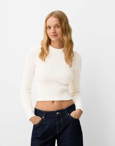 Bershka round neck sweater in white - CREAM - view 1