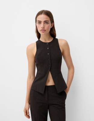 Bershka round neck tailored waistcoat in brown pinstripe