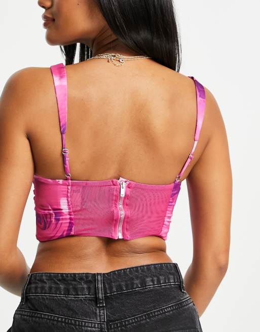 Bershka – Różowy marszczony gorset w kwiaty, 2 z 4