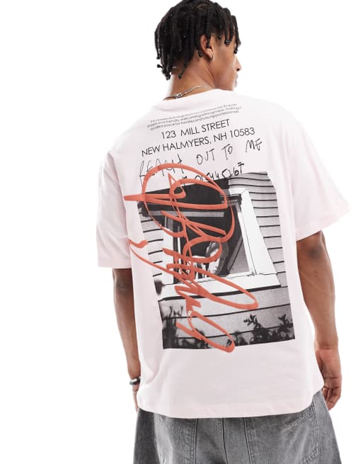Bershka – Różowy T-shirt z nadrukiem na plecach, 3 z 4