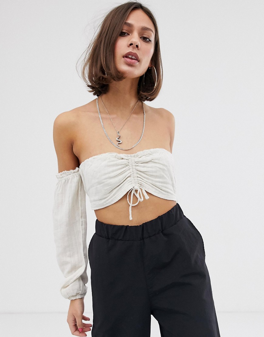 Bershka ruch front long sleeved crop top in off white-Cream