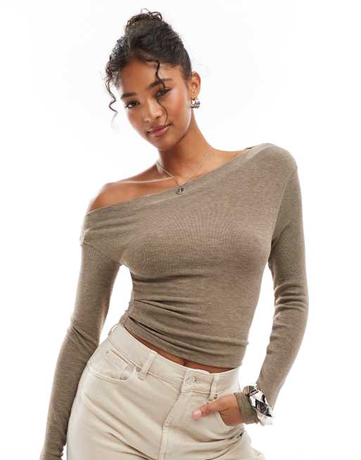 Bershka ruched asymmetric top in beige