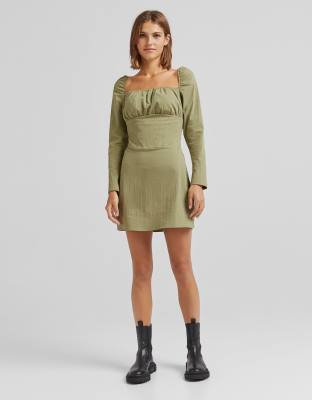 Bershka Ruched Bust Long Sleeve Mini Dress In Green | ModeSens