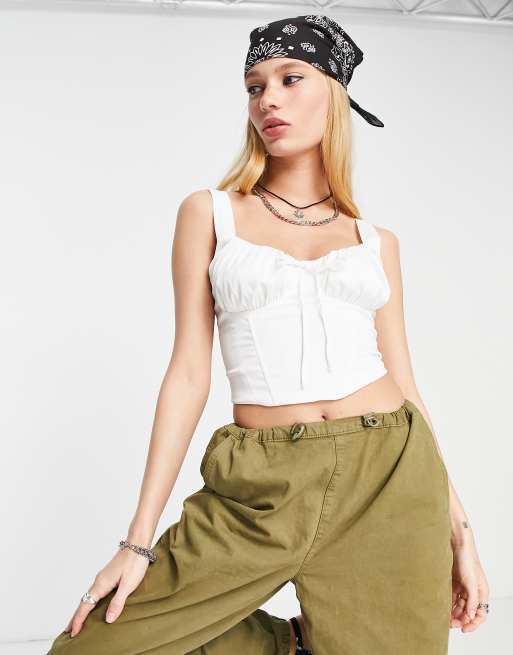 Bershka ruched bust tie detail corset top in white