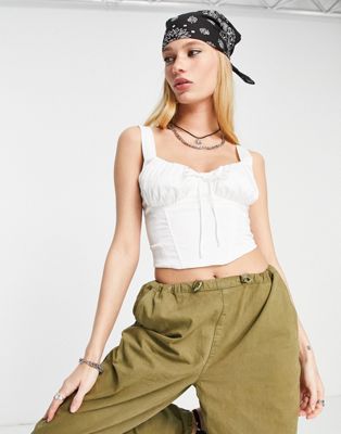 Bershka ruched bust tie detail corset top in white