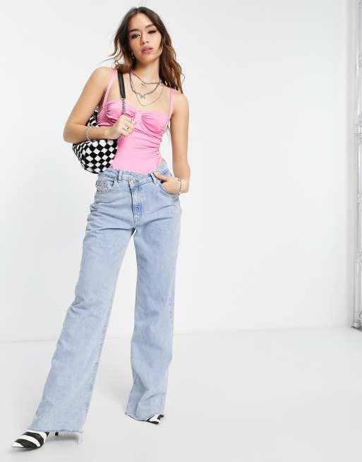 Bershka ruched bustier corset body in soft pink, 3 of 4