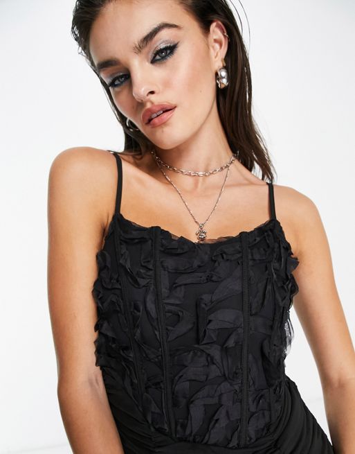 Bershka ruched corset detail lace mini dress in black